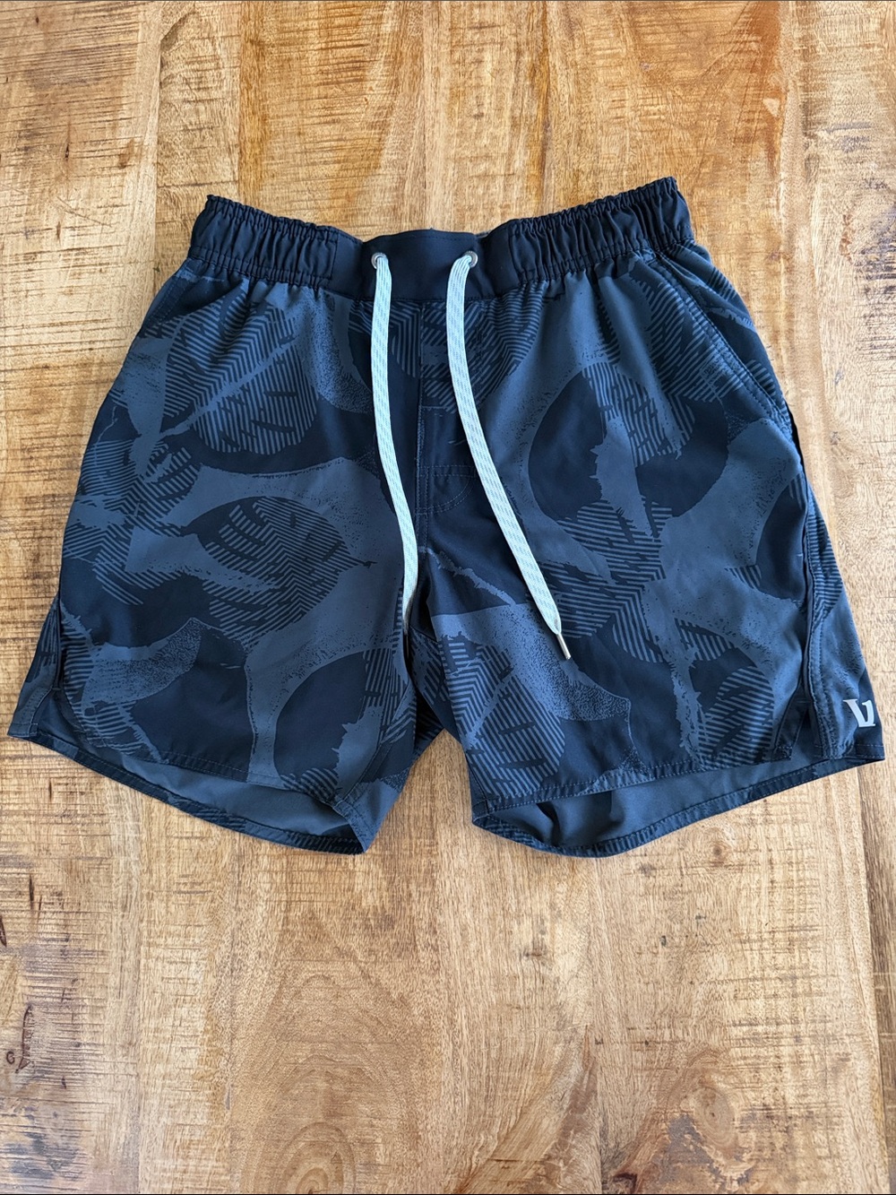 Vuori Men's Black Graphic Athletic Shorts with Light Gray Drawstring